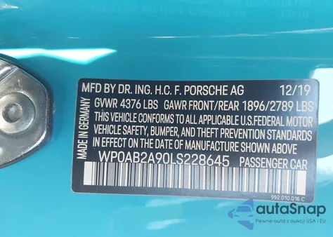 2020 Porsche 911 Carrera S z USA, uszkodzony, nr VIN WP0AB2A90LS228645